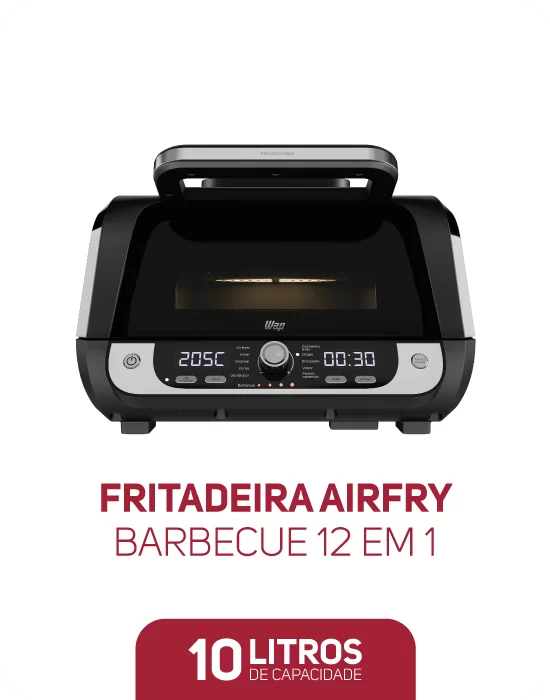 A Fritadeira WAP Air Fryer Barbecue 12 em 1 conta 4 níveis de temperatura para grelhar, saboreie carnes com crosta irresistível e suculência única. WAP Air Fry Barbecue 10 litros.