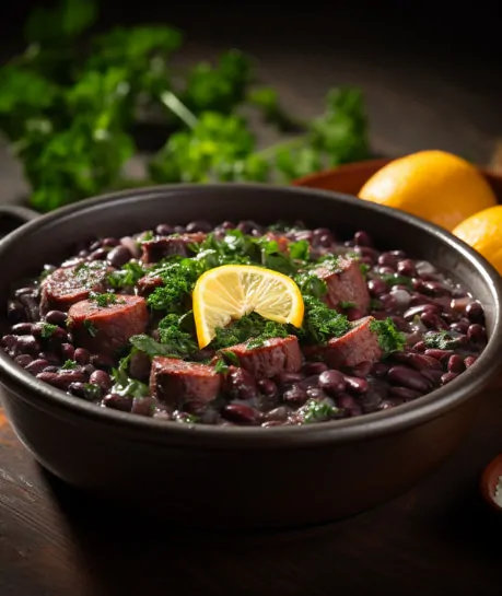 Prato preto com feijoada e uma rodela de laranja.